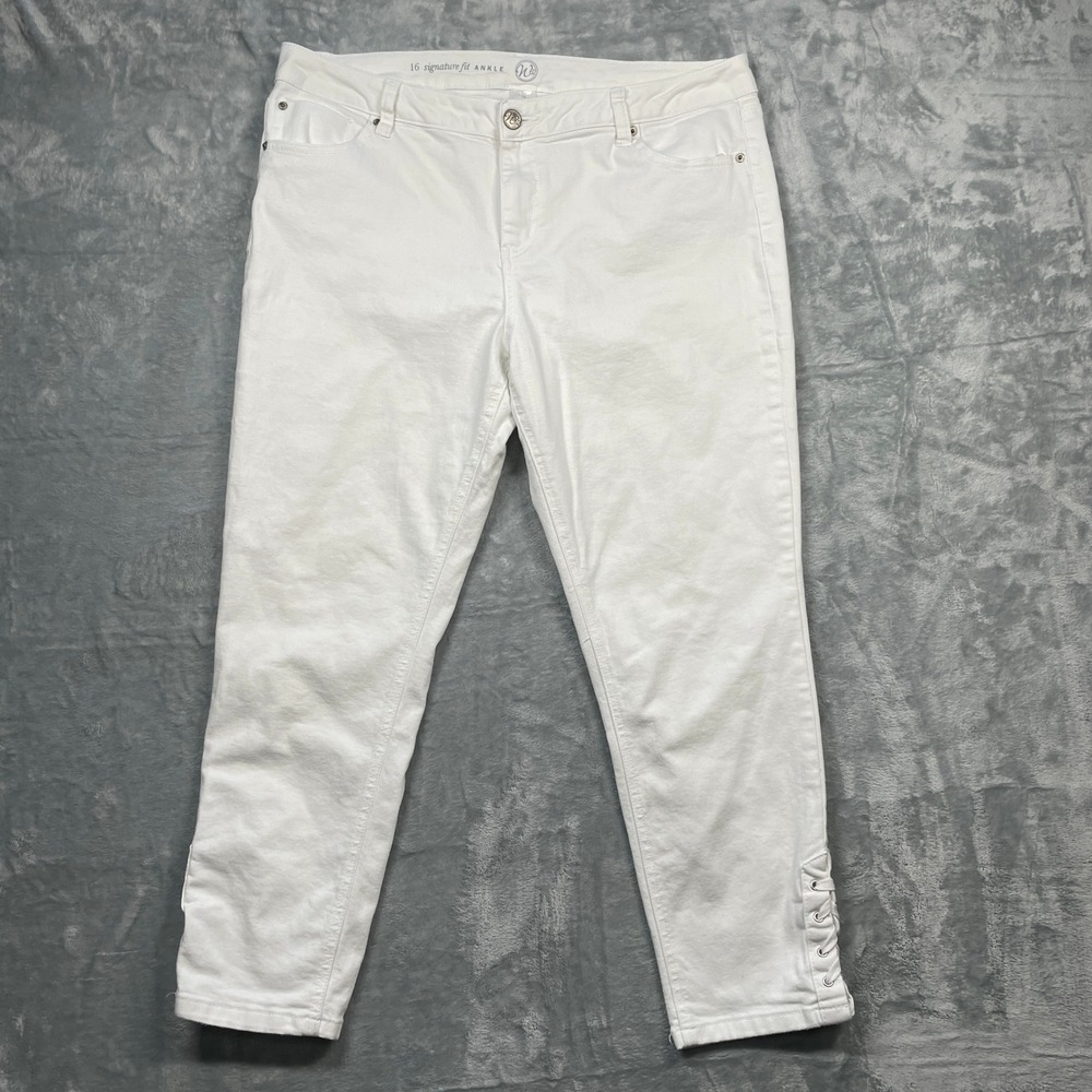 W62 Signature Fit Ankle Pants Women White Good Lace Up Hem Stretch Denim Size 16